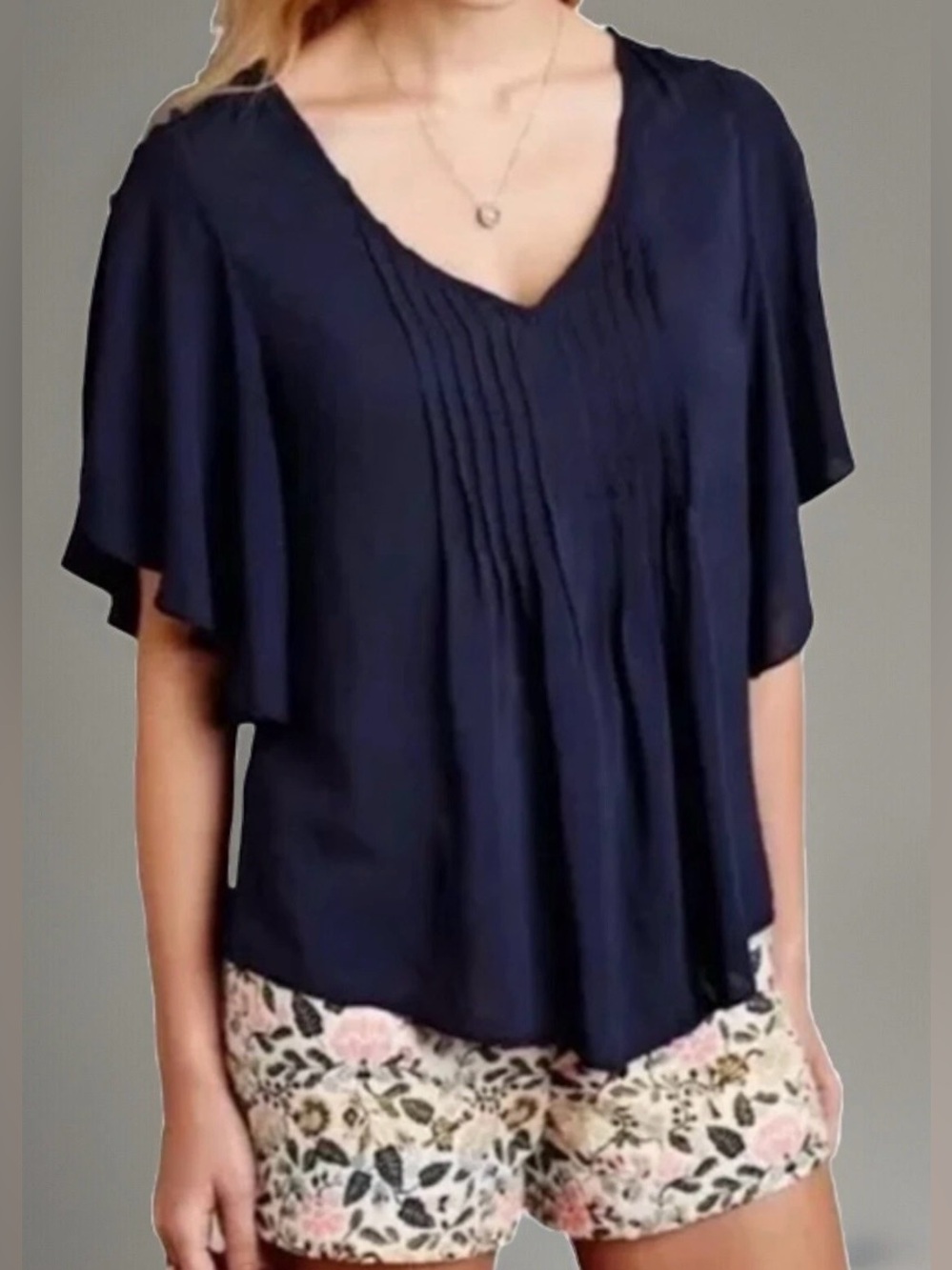Maeve by Anthropologie Navy V-Neck Pintuck Flutter Sleeve Blouse - Size 12